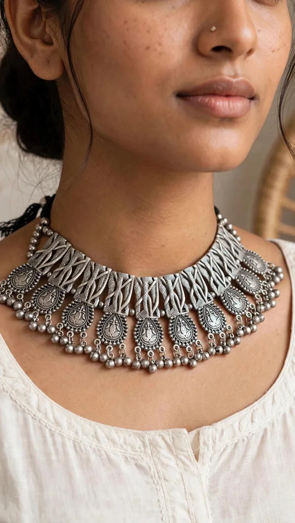 Oxidised_Silver_Choker_Necklace_with_Earrings,_Traditional