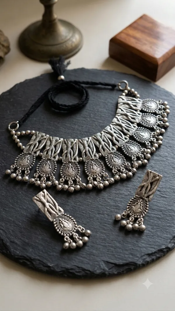 Oxidised_Silver_Choker_Necklace_with_Earrings,_Traditional