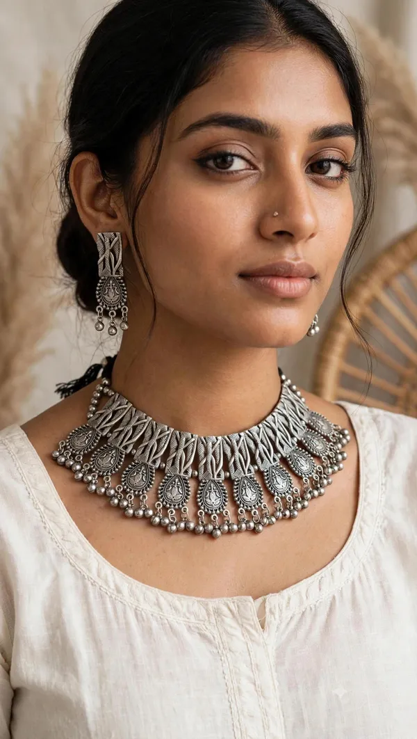 Oxidised_Silver_Choker_Necklace_with_Earrings,_Traditional