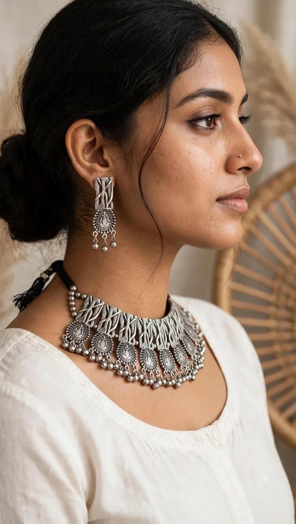 Oxidised_Silver_Choker_Necklace_with_Earrings,_Traditional