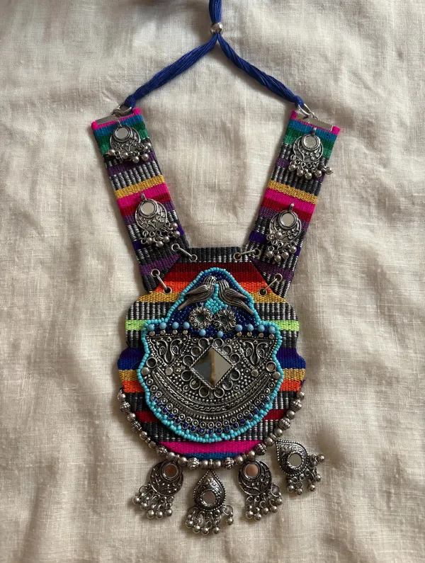 Tribal_Boho_Fabric_Necklace_with_Mirror_Work_and_oxidised_Beads