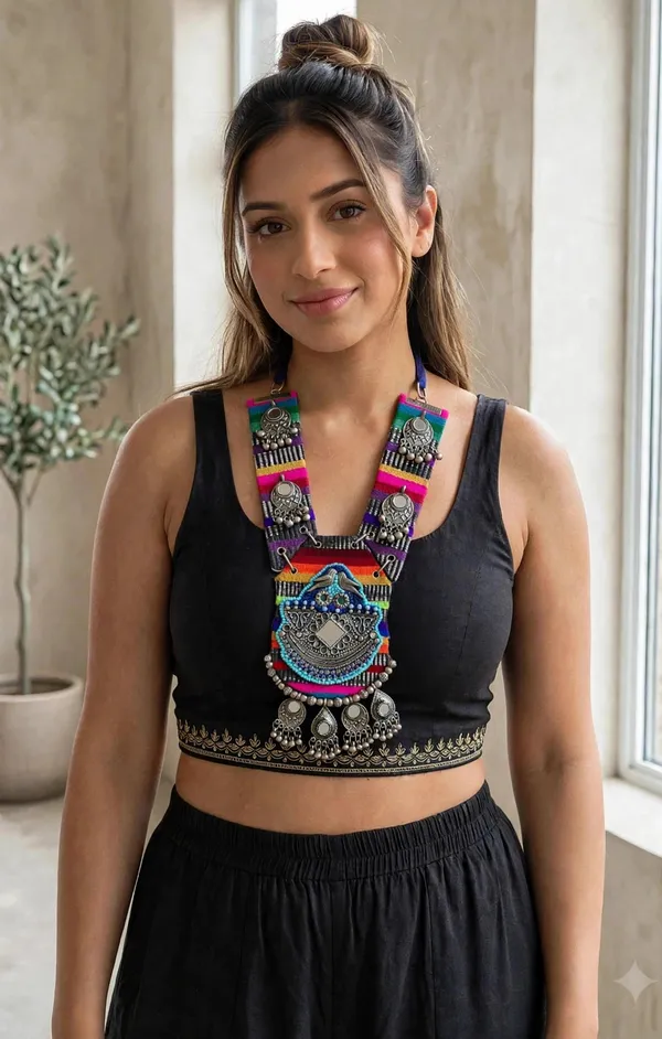 Tribal_Boho_Fabric_Necklace_with_Mirror_Work_and_oxidised_Beads