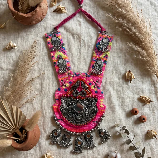 Tribal_Boho_Pink_Fabric_Necklace_with_Mirror_Work_and_oxidised_Beads