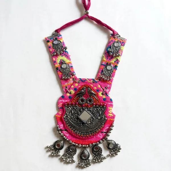Tribal_Boho_Pink_Fabric_Necklace_with_Mirror_Work_and_oxidised_Beads