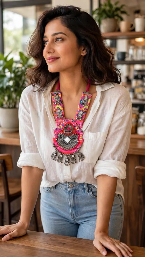 Tribal_Boho_Pink_Fabric_Necklace_with_Mirror_Work_and_oxidised_Beads