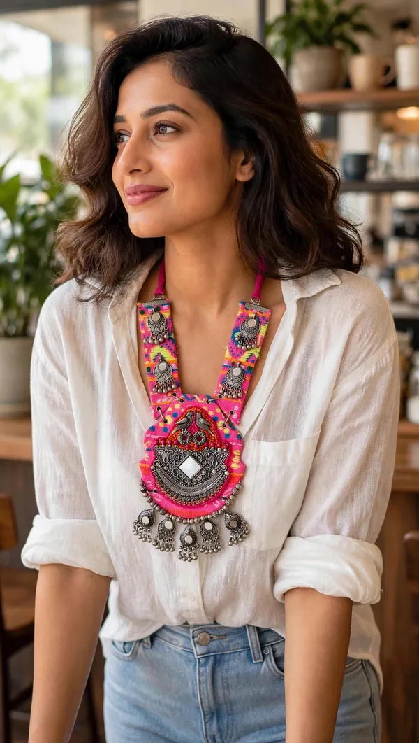 Tribal_Boho_Pink_Fabric_Necklace_with_Mirror_Work_and_oxidised_Beads
