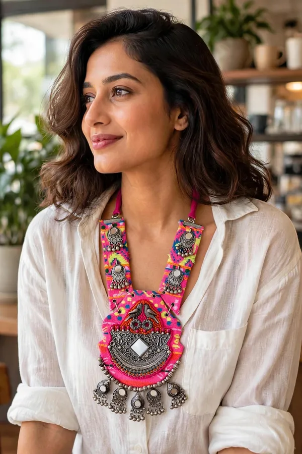 Tribal_Boho_Pink_Fabric_Necklace_with_Mirror_Work_and_oxidised_Beads