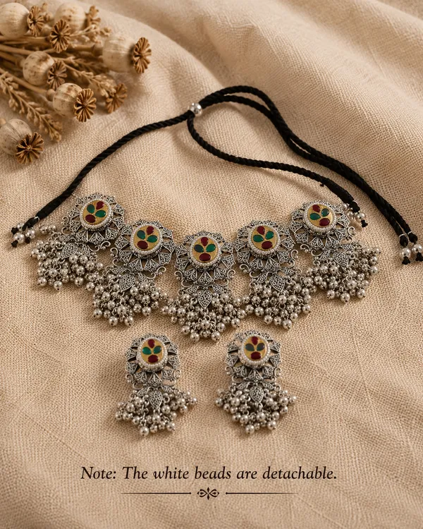 Oxidised_Silver_Choker_Necklace_Set_With_Earrings