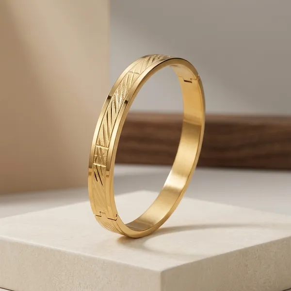 Gold_Stainless_Steel_Textured_Pattern_Bangle_Bracelet_For_Men