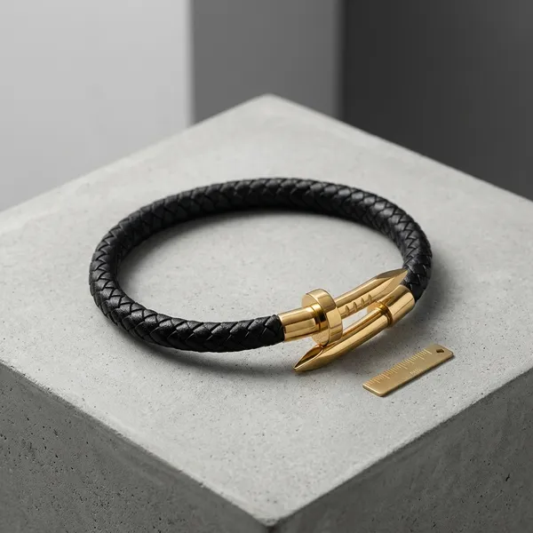 Black_Leather_Braided_Rope_Nail_Clasp_Bangle_Bracelet_For_Men