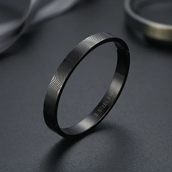 Black_Stainless_Steel_Wave_Pattern_Bangle_Bracelet_For_Men