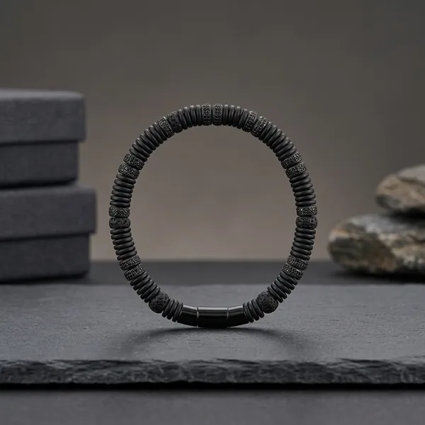 Black_Leather_Disc_Beaded_Stretch_Bangle_Bracelet_For_Men