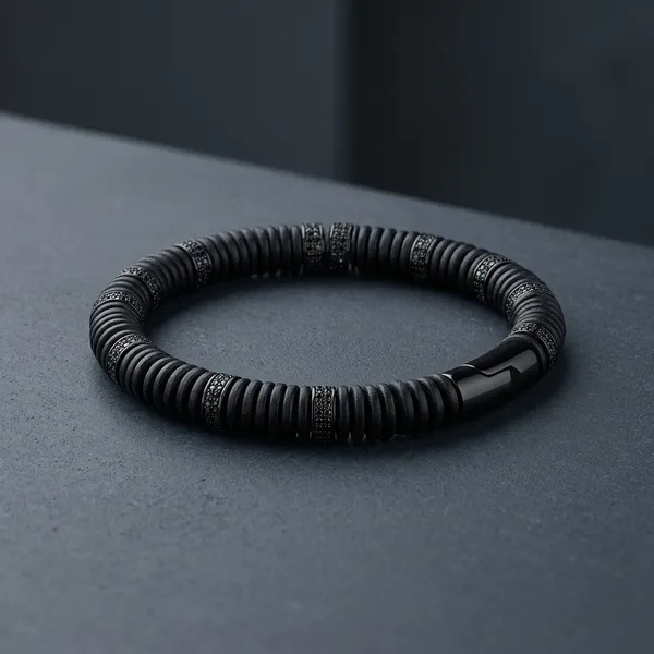 Black_Leather_Disc_Beaded_Stretch_Bangle_Bracelet_For_Men