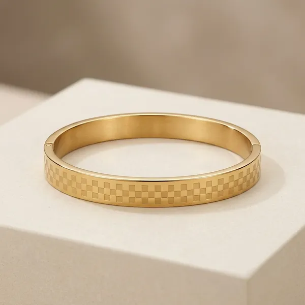 Gold_Stainless_Steel_Checkered_Pattern_Bangle_Bracelet_For_Men