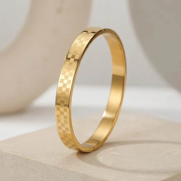Gold_Stainless_Steel_Checkered_Pattern_Bangle_Bracelet_For_Men
