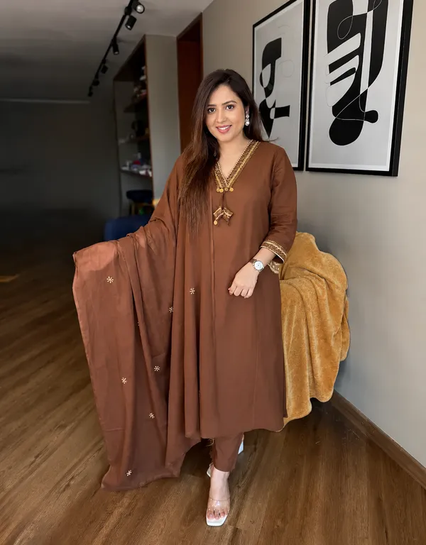 Brown_Embroidered_Kurta_Set_With_Matching_Dupatta