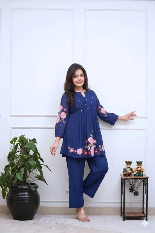 Navy_Blue_Floral_Embroidered_Co-Ord_Set_For_Women_|_Stylish_Peplum_Kurti_&_Pant_Set