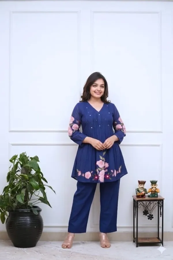 Navy_Blue_Floral_Embroidered_Co-Ord_Set_For_Women_|_Stylish_Peplum_Kurti_&_Pant_Set