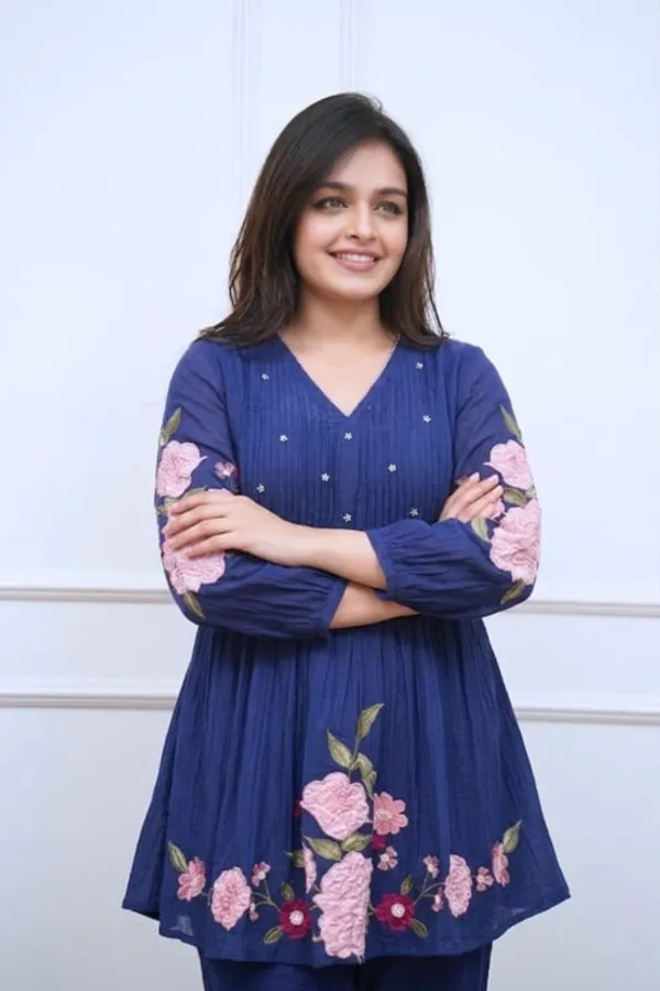Navy_Blue_Floral_Embroidered_Co-Ord_Set_For_Women_|_Stylish_Peplum_Kurti_&_Pant_Set