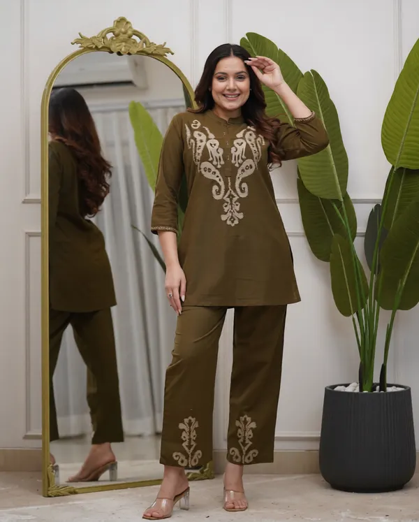 Olive_Green_Embroidered_Co-Ord_Set_For_Women_|_Stylish_Kurti_&_Pant_Set