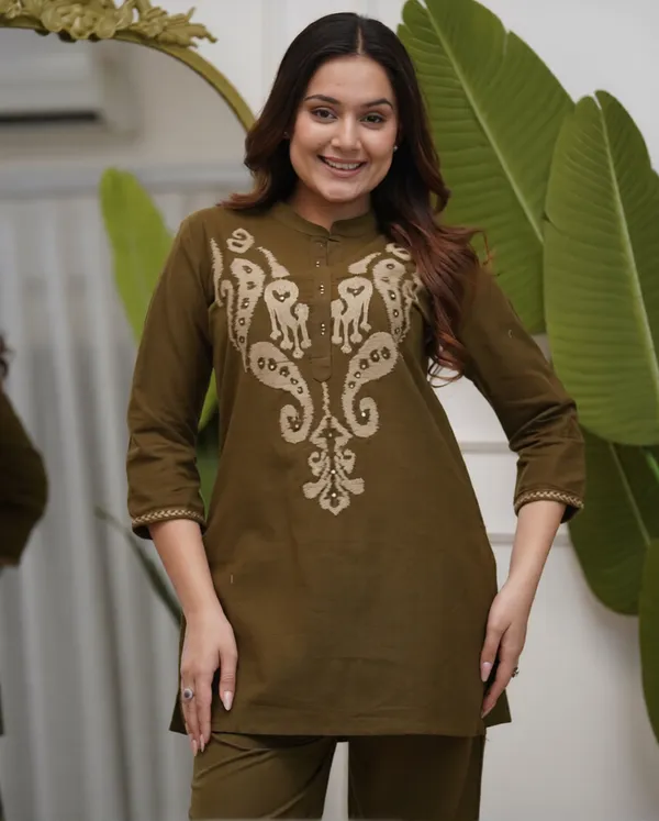 Olive_Green_Embroidered_Co-Ord_Set_For_Women_|_Stylish_Kurti_&_Pant_Set