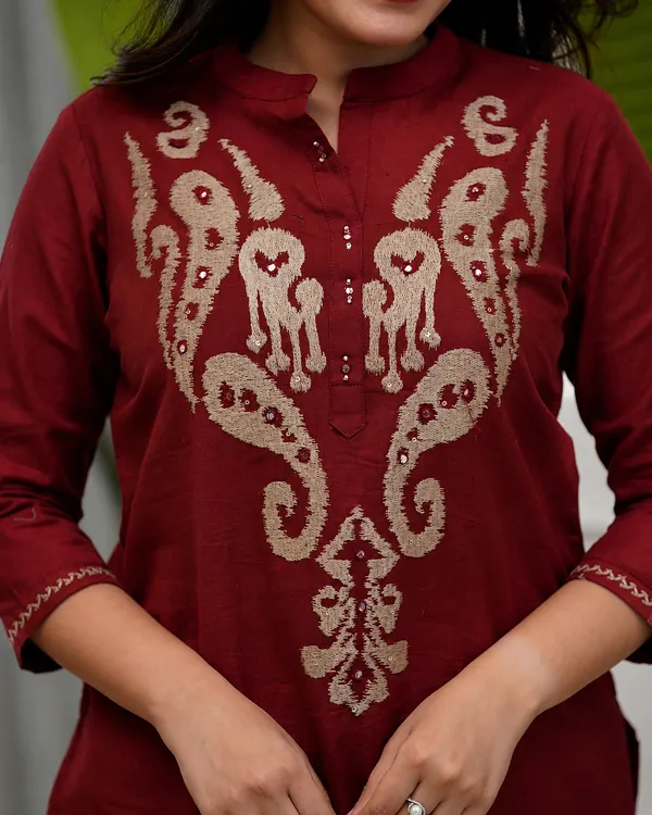 Maroon_Embroidered_Co-Ord_Set_For_Women_|_Elegant_Kurti_Pant_Set