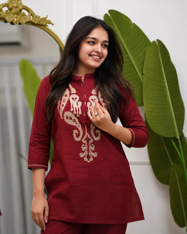 Maroon_Embroidered_Co-Ord_Set_For_Women_|_Elegant_Kurti_Pant_Set