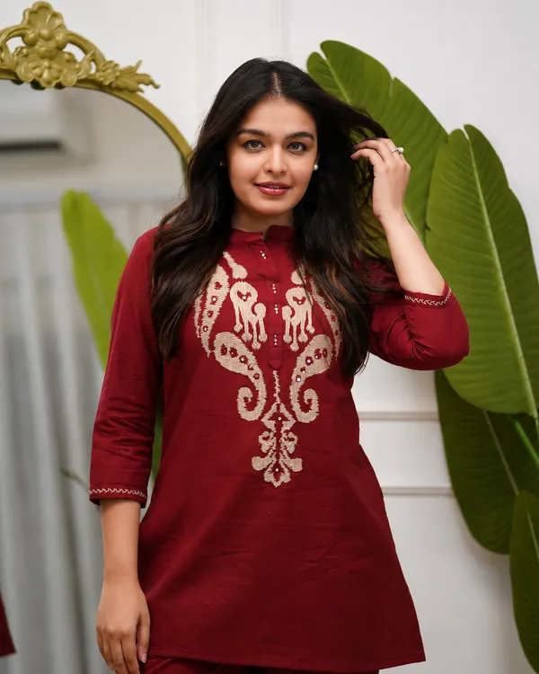 Maroon_Embroidered_Co-Ord_Set_For_Women_|_Elegant_Kurti_Pant_Set