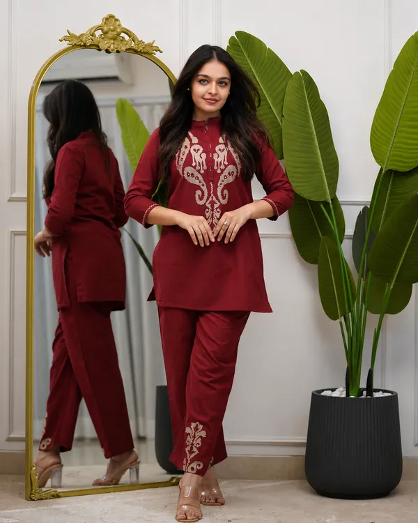 Maroon_Embroidered_Co-Ord_Set_For_Women_|_Elegant_Kurti_Pant_Set