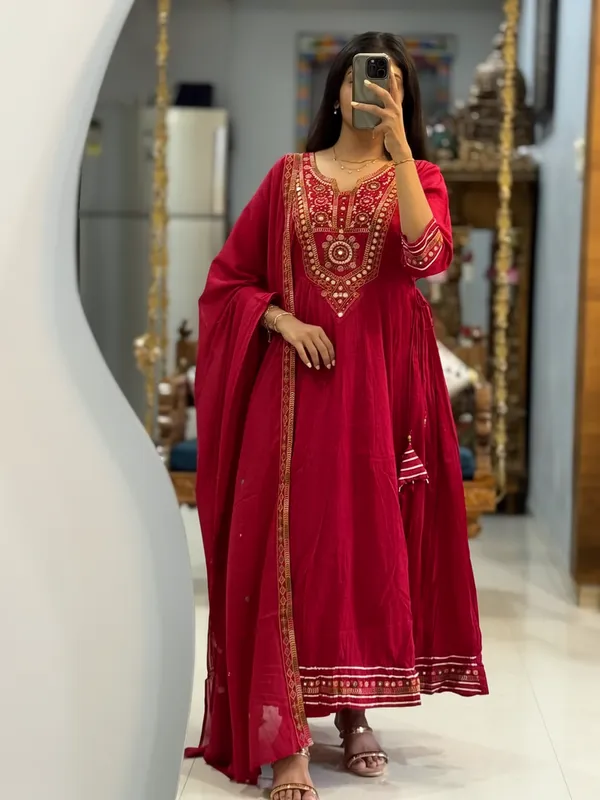 Maroon_Mirror_Work_Anarkali_Kurta_Set_With_Dupatta