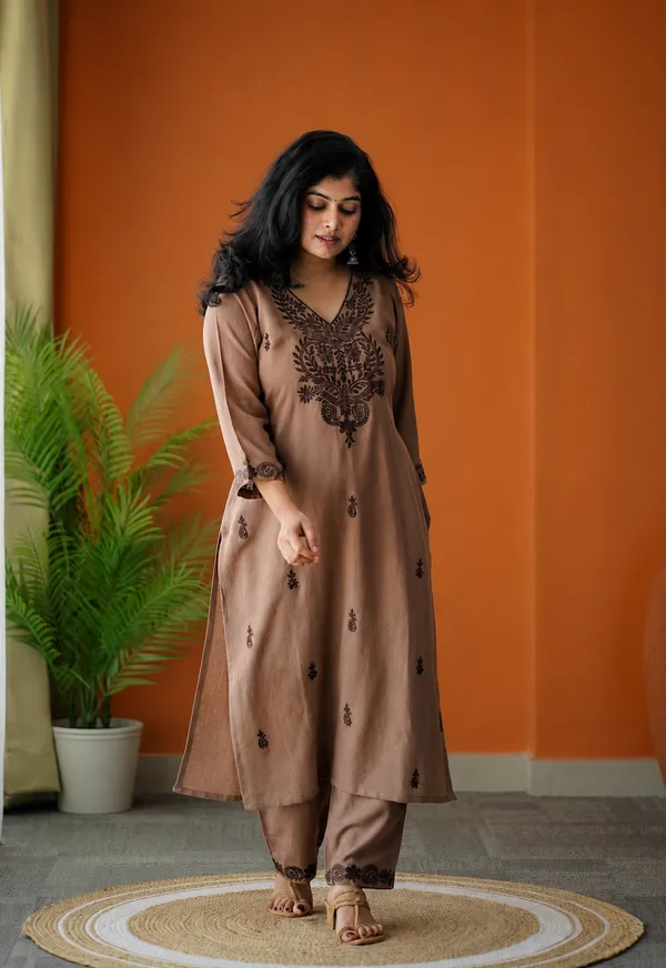 Brown_Embroidered_Kurta_Set_With_Straight_Pants_For_Women