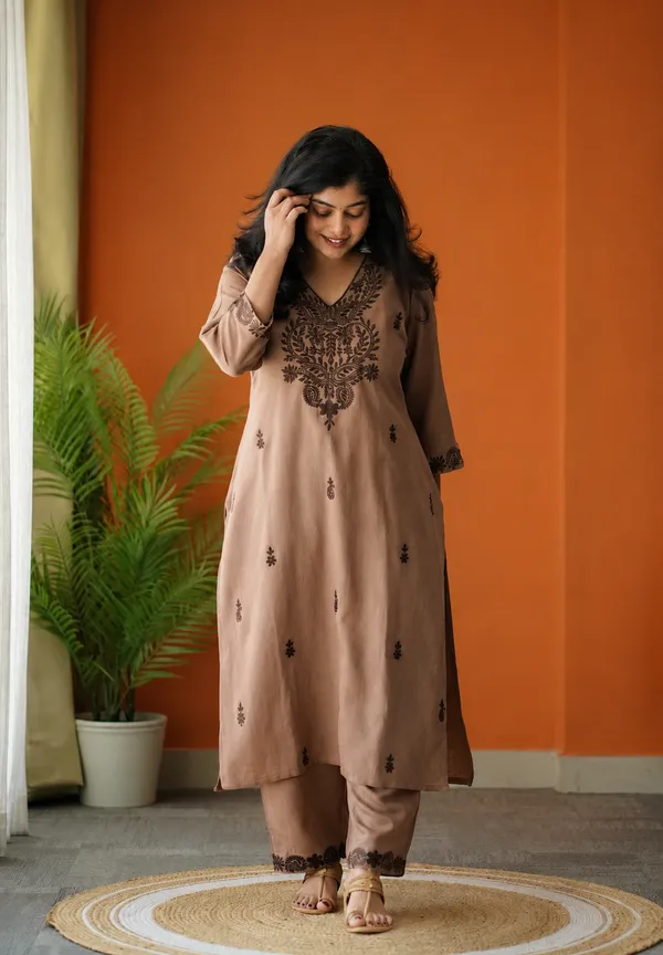 Brown_Embroidered_Kurta_Set_With_Straight_Pants_For_Women