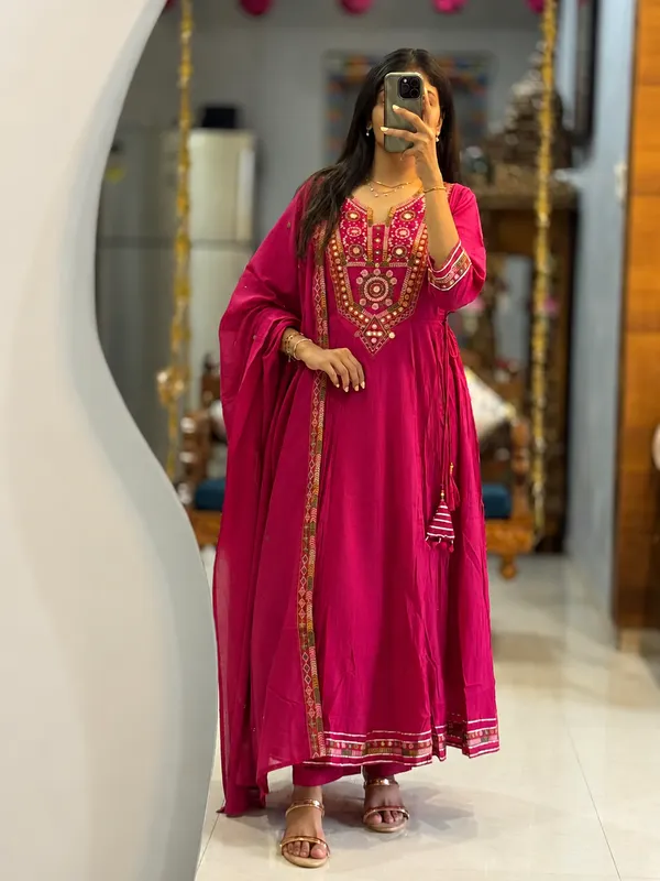Hot_Pink_Mirror_Work_Anarkali_Kurta_Set_With_Dupatta