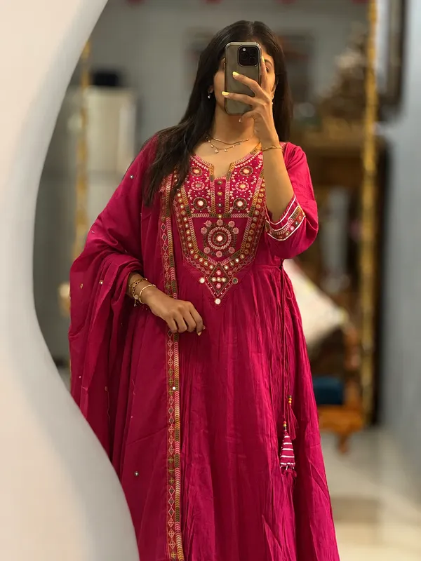 Hot_Pink_Mirror_Work_Anarkali_Kurta_Set_With_Dupatta