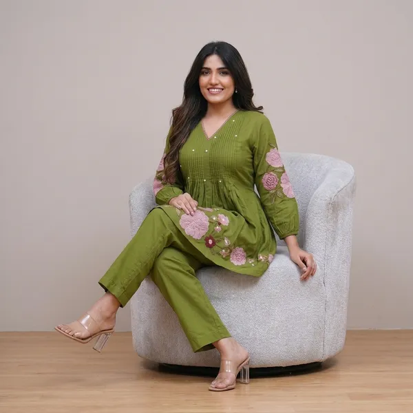 Olive_Green_Floral_Embroidered_Co-Ord_Set_For_Women_|_Stylish_Peplum_Kurti_&_Pant_Set