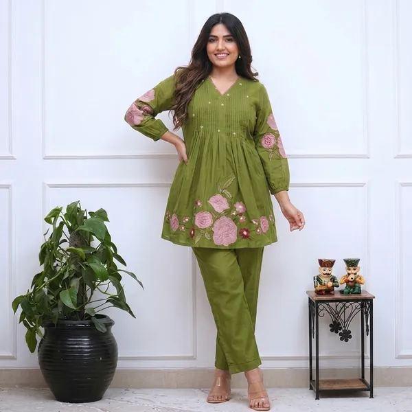 Olive_Green_Floral_Embroidered_Co-Ord_Set_For_Women_|_Stylish_Peplum_Kurti_&_Pant_Set
