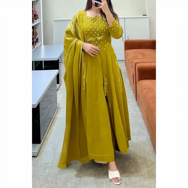 Yellow_And_Green_Cotton_Printed_Anarkali_With_Attached_Jacket_Detailing_With_Pants_And_Dupatta