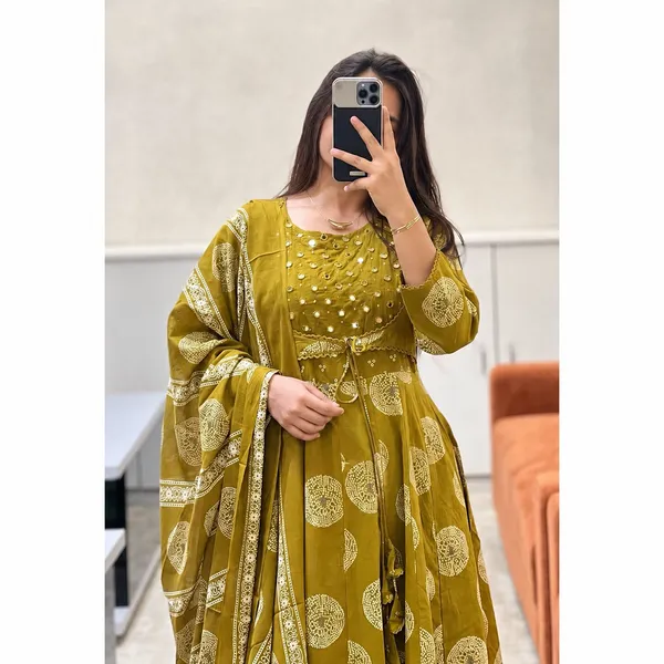 Yellow_And_Green_Cotton_Printed_Anarkali_With_Attached_Jacket_Detailing_With_Pants_And_Dupatta