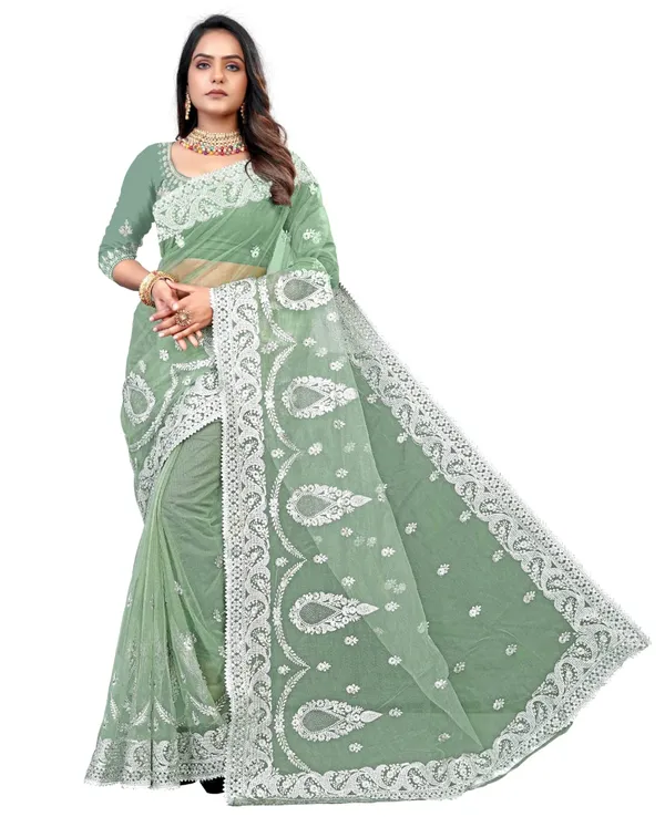 Light_Pista_Heavy_Gold_Butterfly_Net_Premium_Saree_For_Women