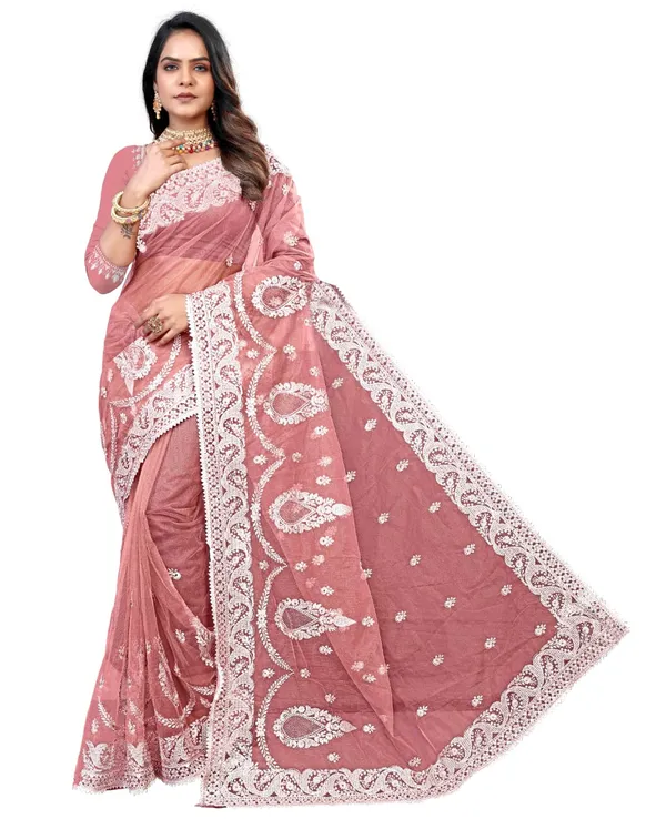 Peach_Heavy_Gold_Butterfly_Net_Premium_Saree_For_Women