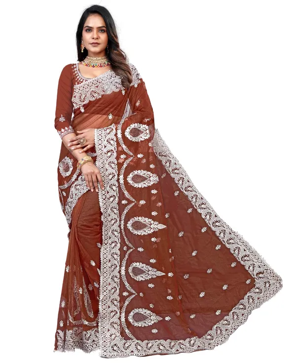 Rusty_Brown_Heavy_Gold_Butterfly_Net_Premium_Saree_For_Women