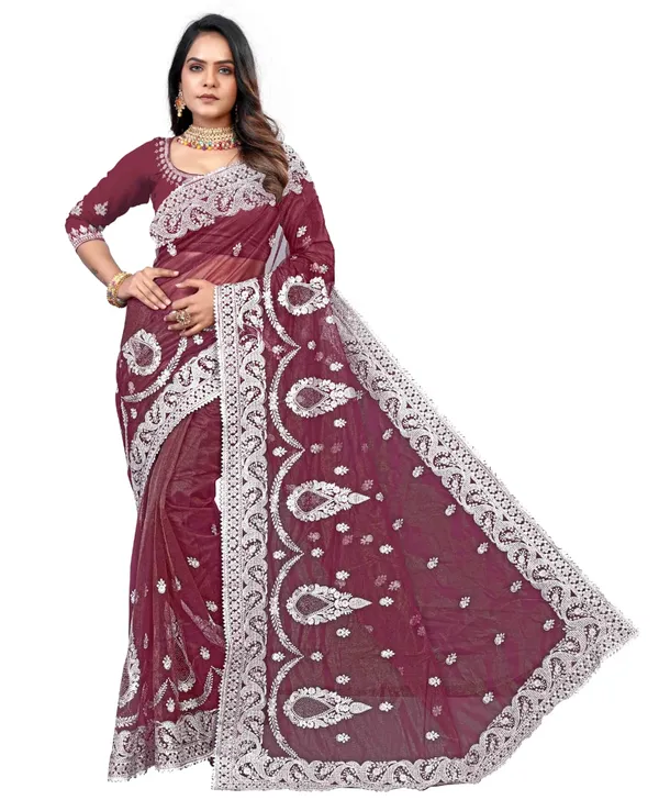 Wine_Heavy_Gold_Butterfly_Net_Premium_Saree_For_Women