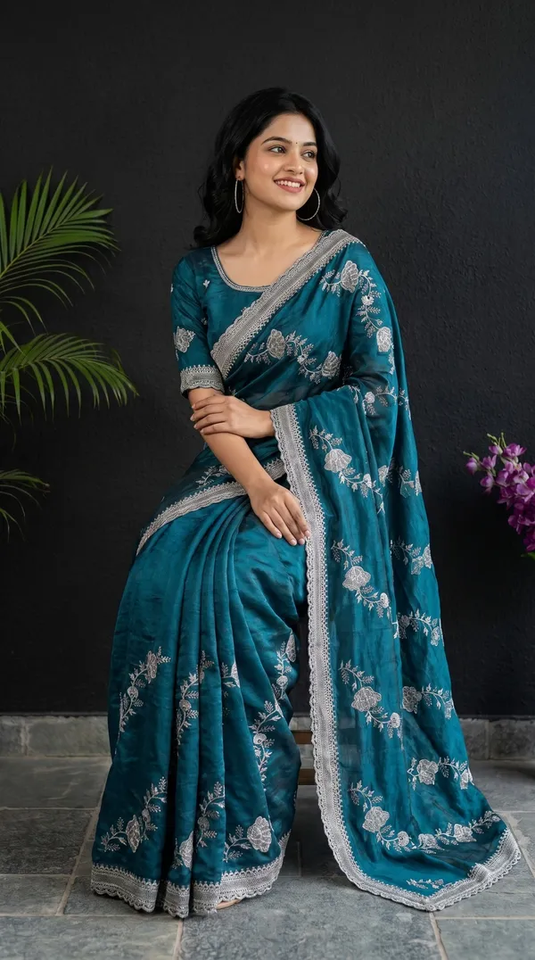 Teal_Blue_Fandy_Satin_Premium_Saree_For_Women
