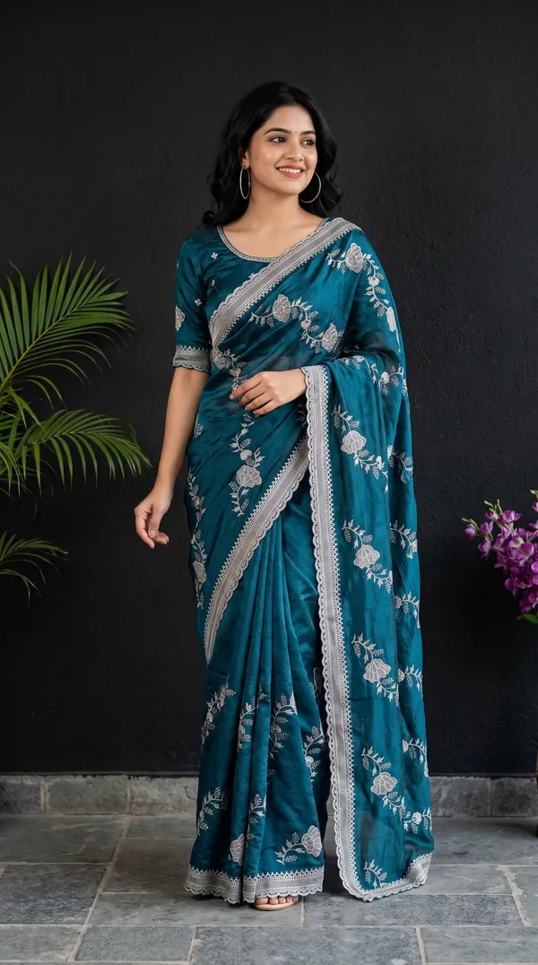 Teal_Blue_Fandy_Satin_Premium_Saree_For_Women