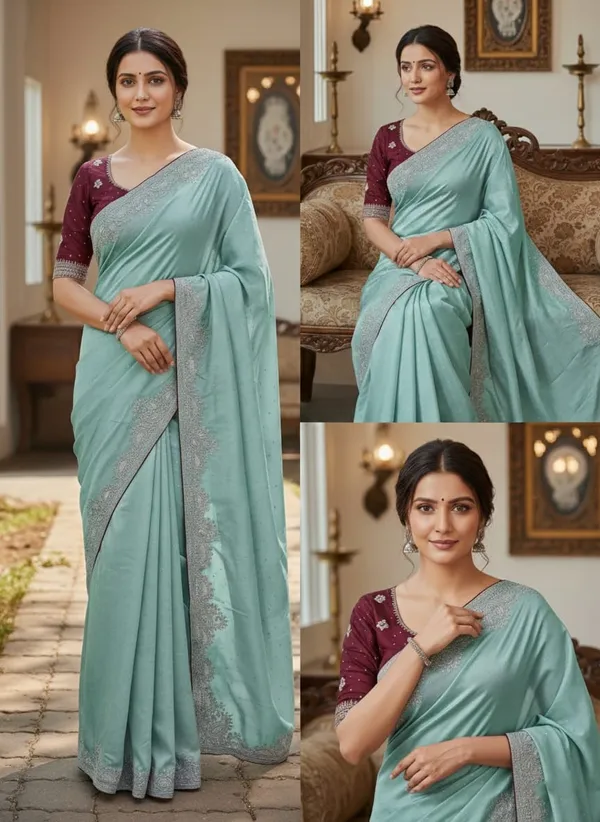 C_Green_Chinon_Premium_Saree_For_Women