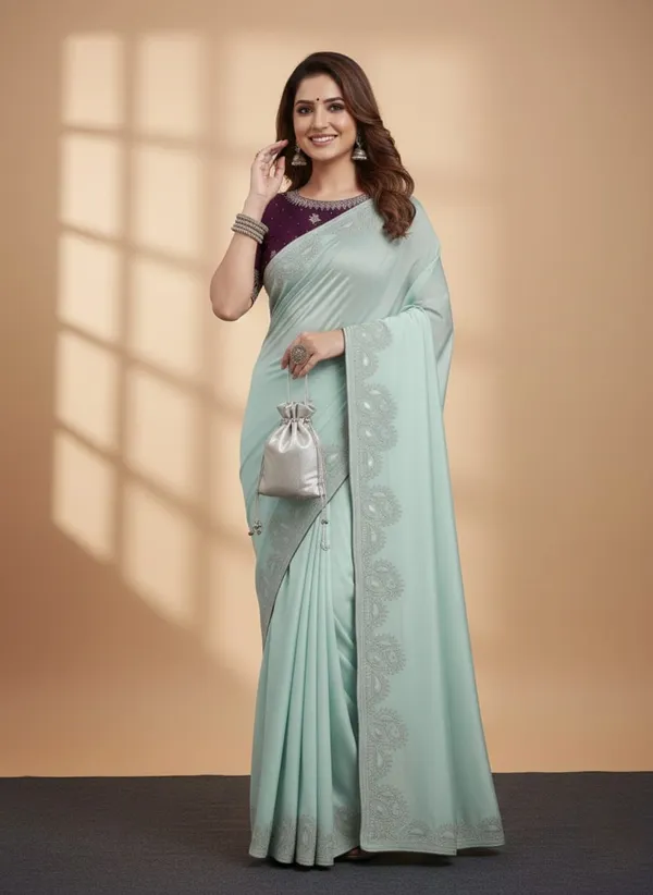 C_Green_Chinon_Premium_Saree_For_Women