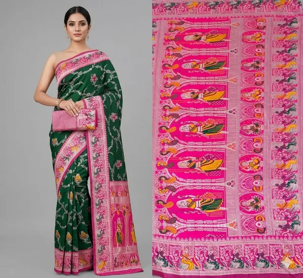 Green_Pink_Jacquard_Silk_And_Kanjivaram_Silk_Premium_Saree_For_Women