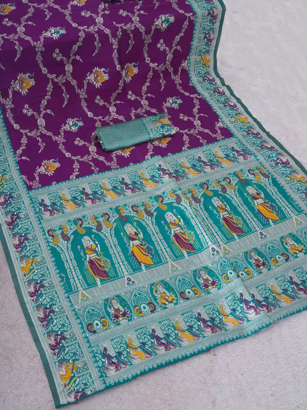 Wine_Sky_Blue_Jacquard_Silk_And_Kanjivaram_Silk_Premium_Saree_For_Women