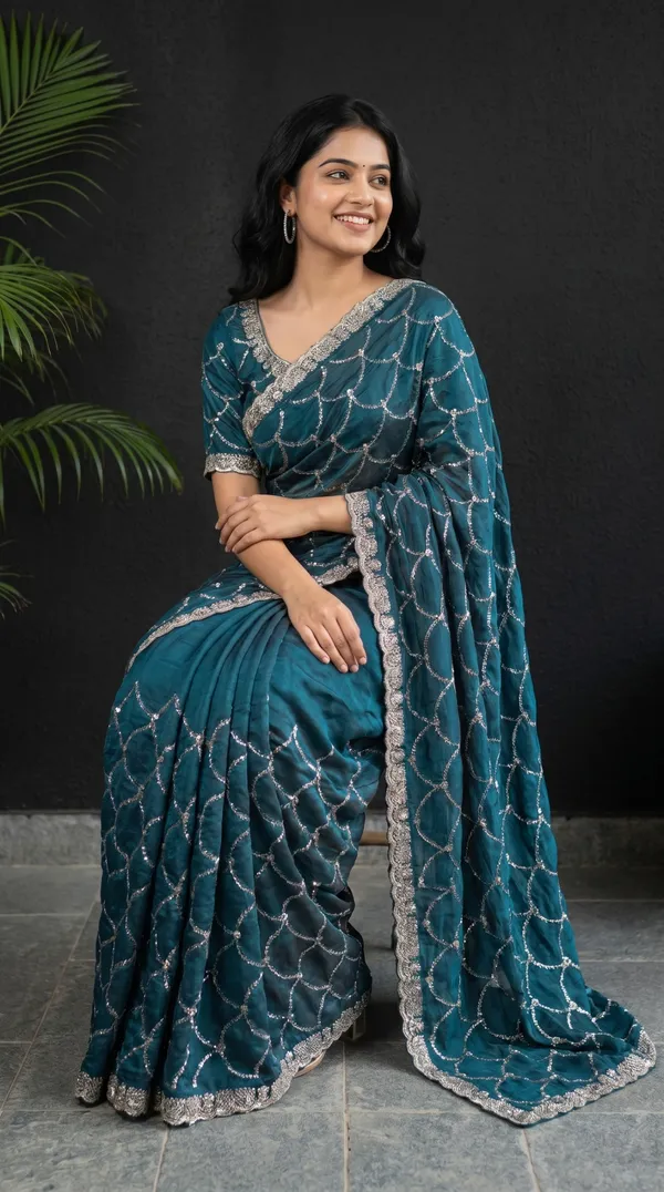 Teal_Blue_Fandy_Satin_Premium_Saree_For_Women