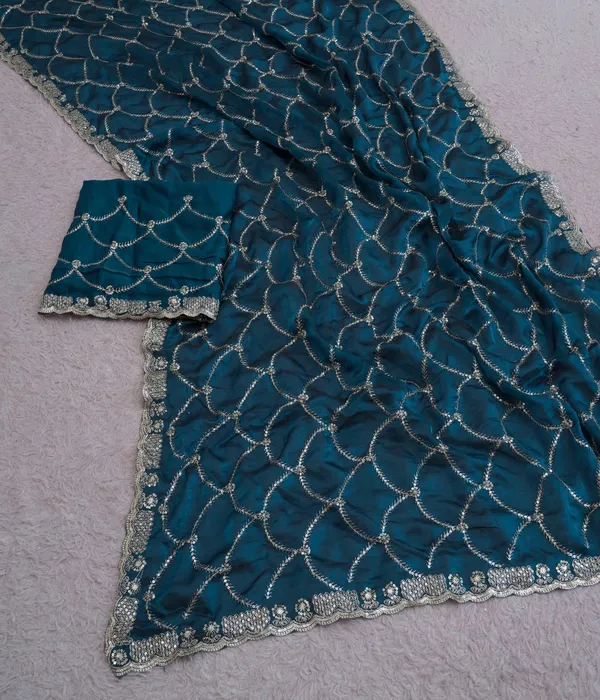 Teal_Blue_Fandy_Satin_Premium_Saree_For_Women